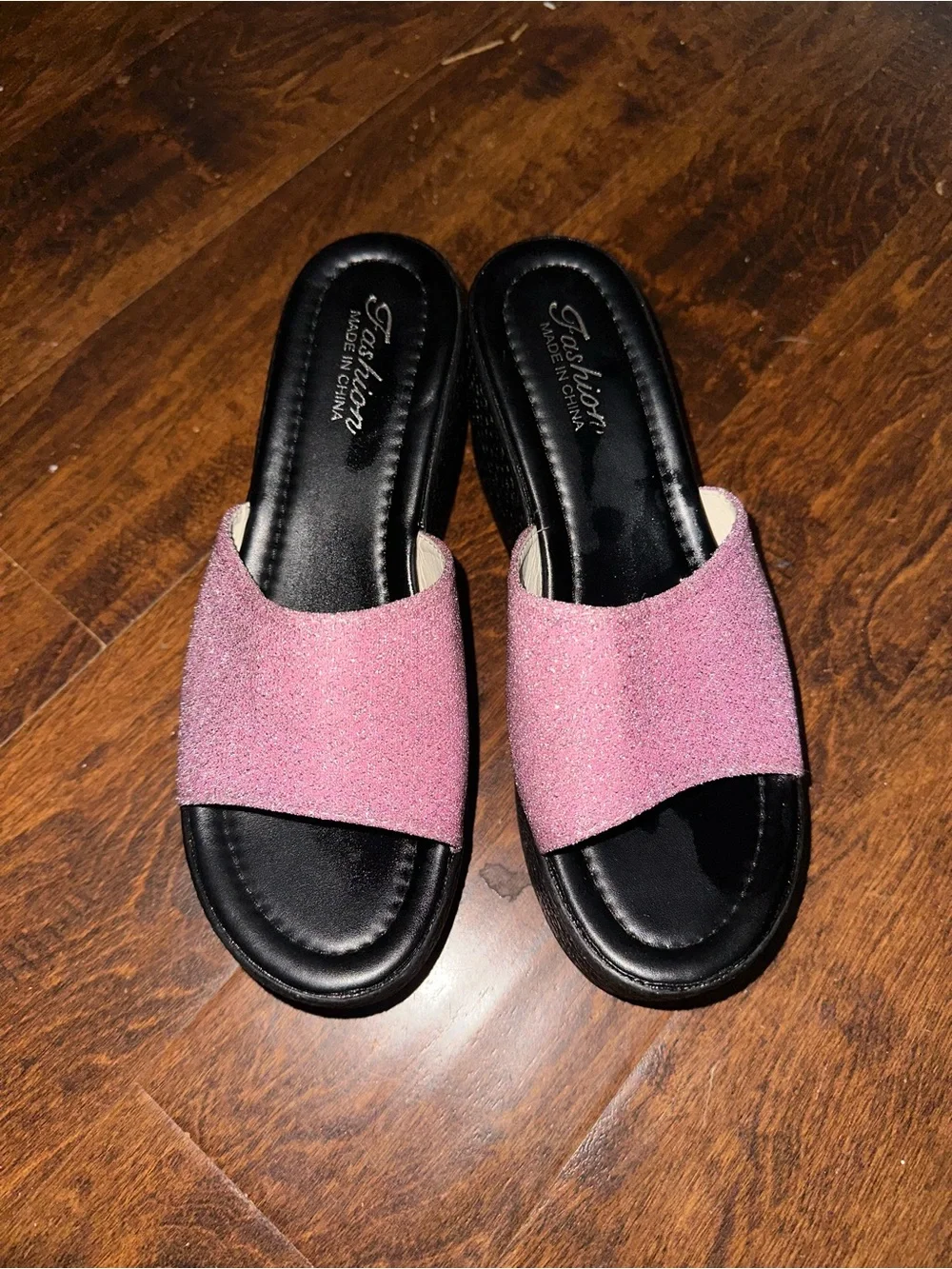Women's Pink Glitter Platform Slide Sandals - Comfortable Black Sole